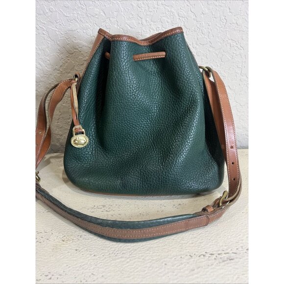 Vintage Dooney & Bourke Green All Weather Pebbled Leather Drawstring Bucket Bag - Picture 3 of 16